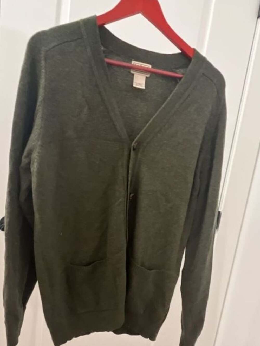 LL Bean Lambswool Cardigan Size M-Tall Green Wool Sweater
